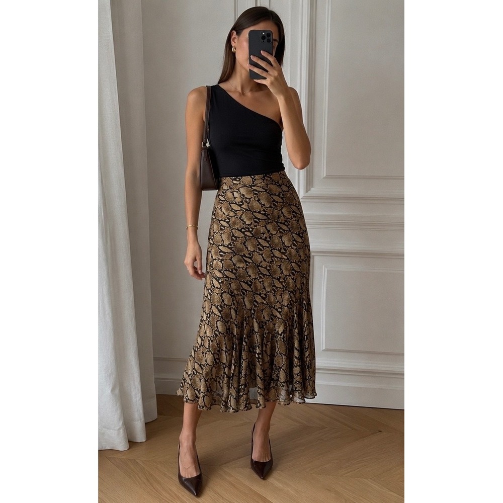 Vintage Ralph Lauren 100% Silk Ruffled Python print Handkerchief Skirt Size M